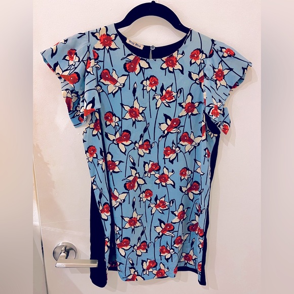 Miu Miu Tops - Vtg. MIU MIU silk top, flutter sleeve, blue black red florals, EU 38/US 2/Small